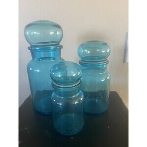 Set of 3 Vintage Blue Glass Jars/Canisters With Bubble Lids_ Made in Belgium